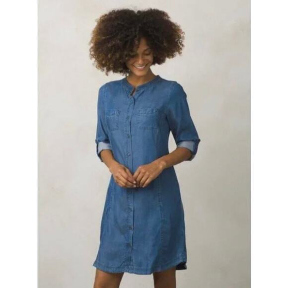 Prana Size Large Aliki Roll Tab Sleeve Antique Denim Chambray Shirt Dress - Picture 1 of 8
